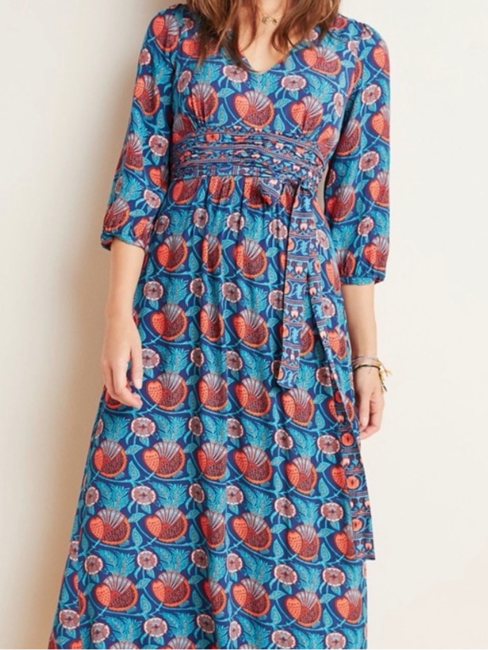 Anthropologie Maeve Philomena Maxi Dress 2 Blue Floral Boho V-Neck Tie Waist - Picture 1 of 10